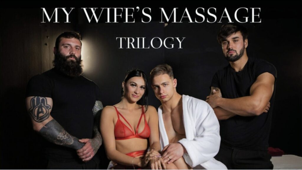 "Creamy Rowan"/Rowan Rails posing alongside co-stars for the My Wife's Massage Trilogy